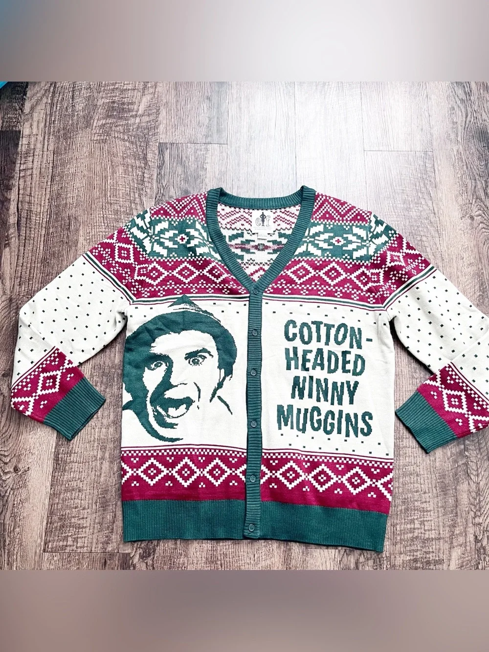 ELF Cotton-Headed Ninny Muggins Holiday Cardigan Sweater Green & Red Men’s Large